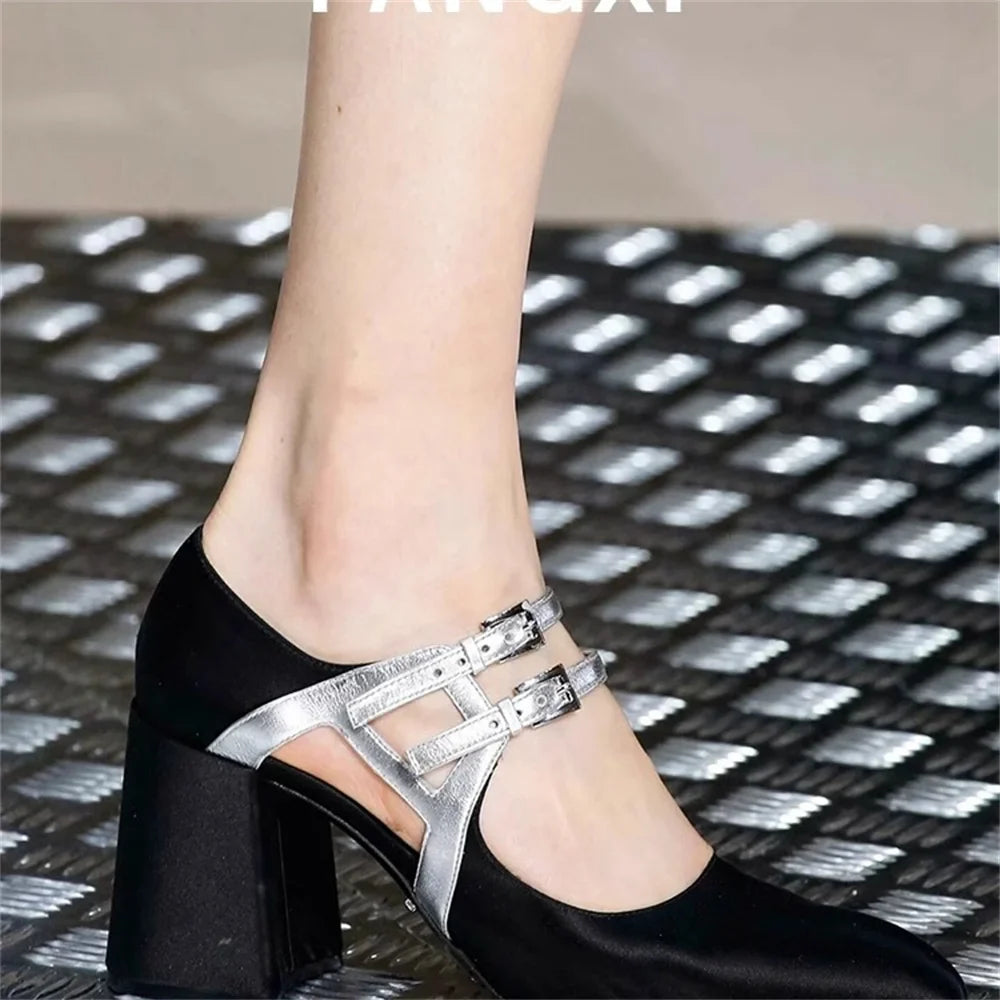 Satin Zapatos Para Mujeres Metal Color Splice Shoes For Woman Square Toe Heeled Sandals Chunky Heels Туфли Женские Soft Leather