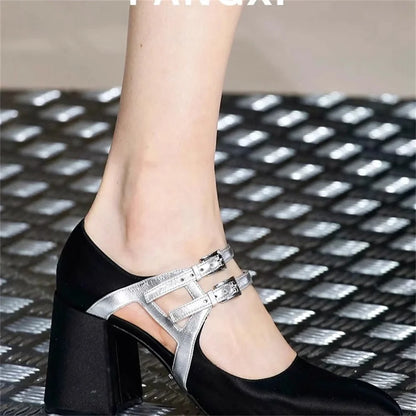Satin Zapatos Para Mujeres Metal Color Splice Shoes For Woman Square Toe Heeled Sandals Chunky Heels Туфли Женские Soft Leather