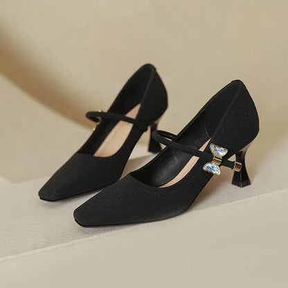 Fashion Elegant High Heels for Women Square Toe Thin Heels Office Shoes Fashion Shallow Diamond Bow Mary Jane Shoes Women Pumps