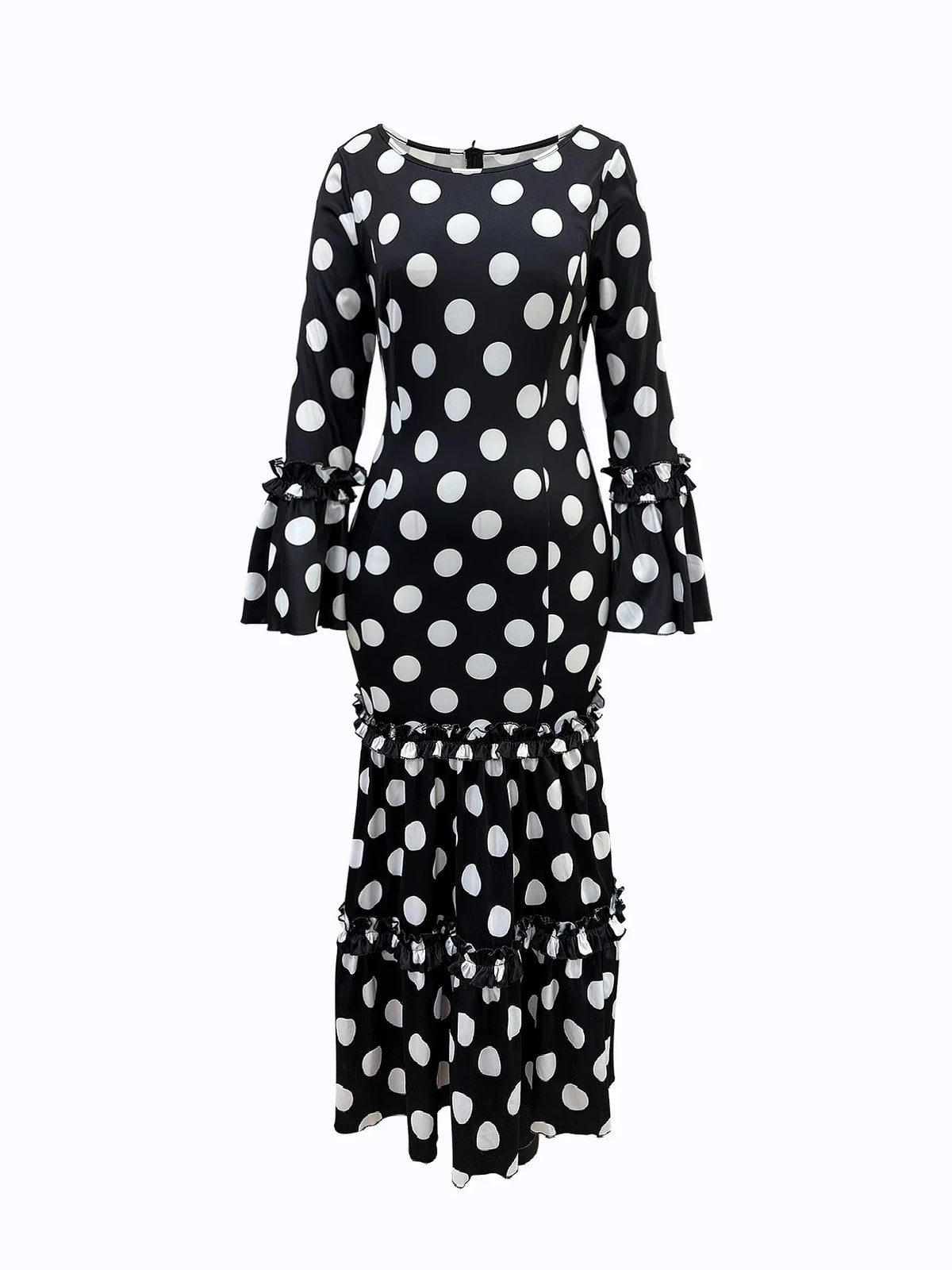 Elegant Polka Dot Ladies Evening Dress with Trumpet Sleeves Sexy Fishtail Design Cascading Ruffle Hem Fashionable Women's Gown