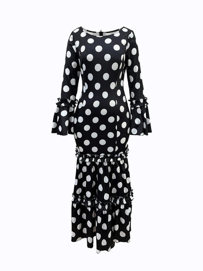 Elegant Polka Dot Ladies Evening Dress with Trumpet Sleeves Sexy Fishtail Design Cascading Ruffle Hem Fashionable Women's Gown