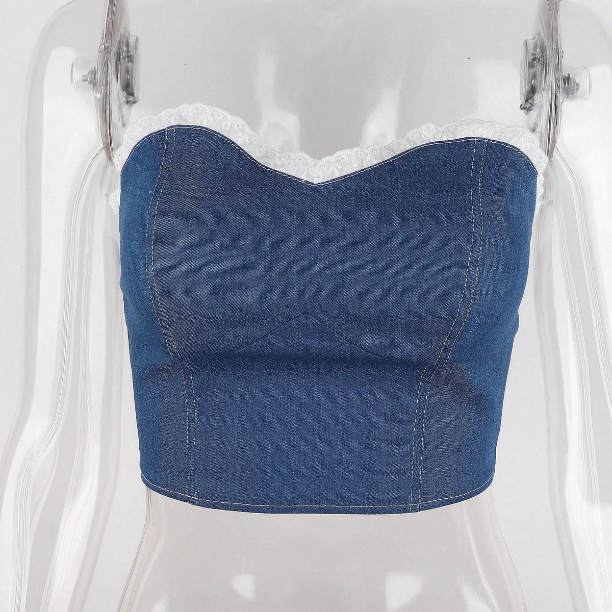 Patchwork Denim Ruffled Y2K Crop Top Women Pleated Strapless Off Shoulder Short Tank Tops Sexy Casual Cami Chic Tops