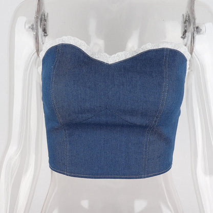 Patchwork Denim Ruffled Y2K Crop Top Women Pleated Strapless Off Shoulder Short Tank Tops Sexy Casual Cami Chic Tops