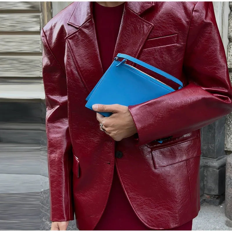 PU Leather Tube Dresses Suit Coat Women's Set Vintage Solid Slim Fit Long Dress Lapel Jackets Sets Female Chic Street Outfits