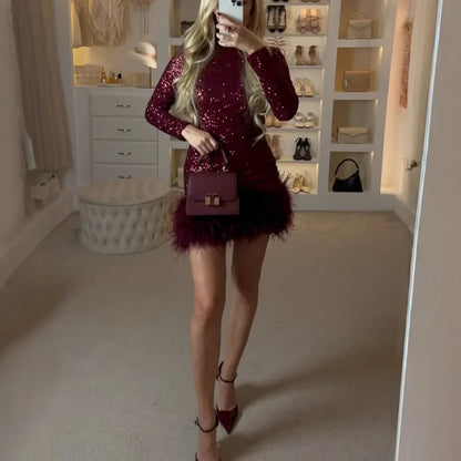 Sequin Round Neck Long Sleeve Feather Trim Bodycon Mini Dress