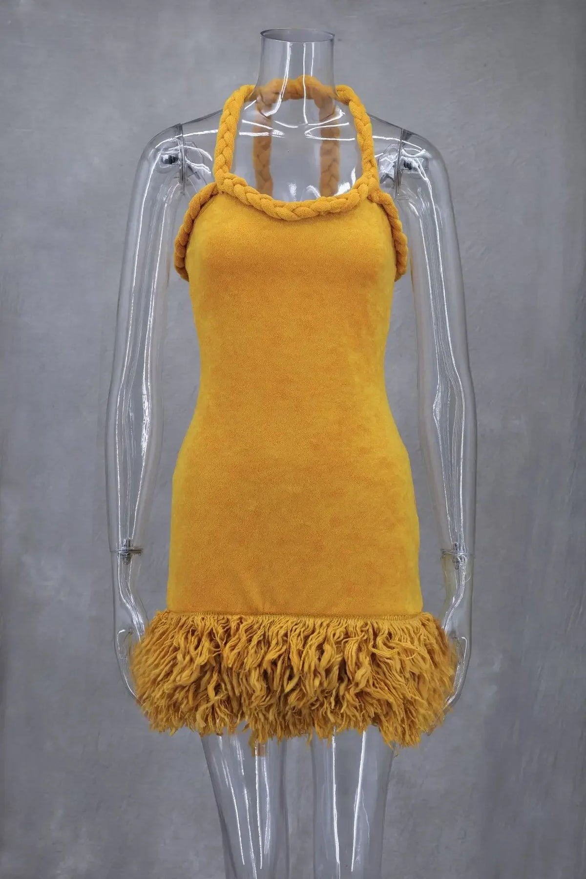 Orange Tassel Sexy Backless Fleece Winter Dresses Women Autumn Fashion Handmade Woven Twists Halter Mini Party Prom Dress