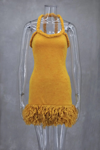 Orange Tassel Sexy Backless Fleece Winter Dresses Women Autumn Fashion Handmade Woven Twists Halter Mini Party Prom Dress