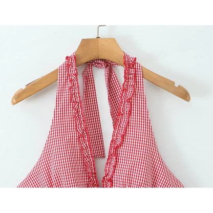 Fashionable Short Red Plaid Dress Women Sexy Backless A-line Mini Summer Halter Dress Vacation Robe 2026
