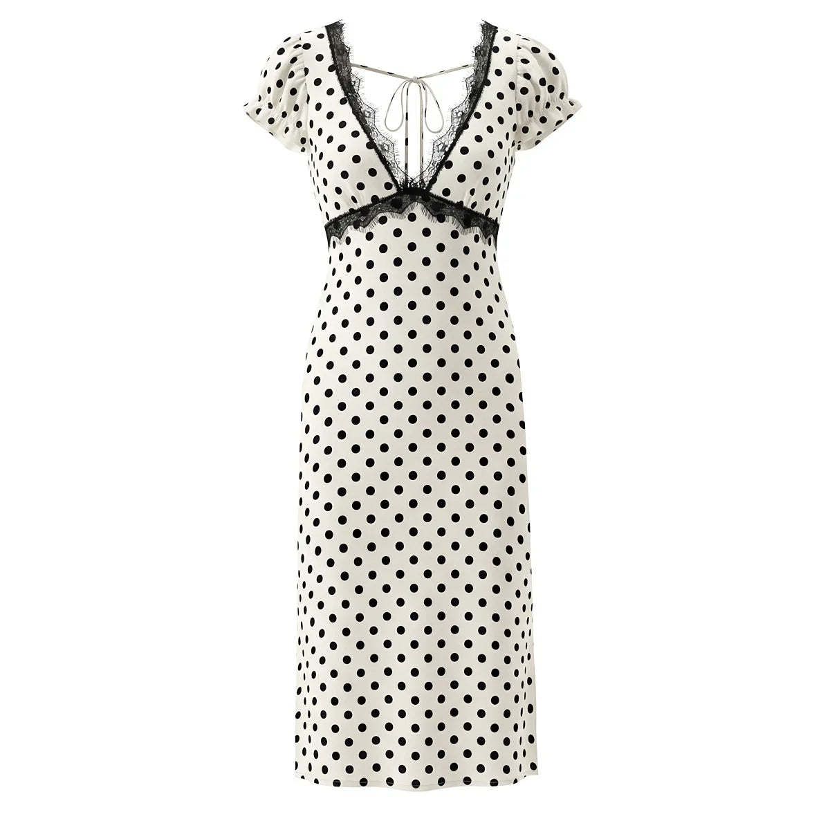 Elegant Girls Short Sleeve V Neck Lace Trim Polka Dot Summer Dress Sexy Backless A-line Midi Holiday Female Vestidos