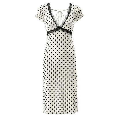 Elegant Girls Short Sleeve V Neck Lace Trim Polka Dot Summer Dress Sexy Backless A-line Midi Holiday Female Vestidos
