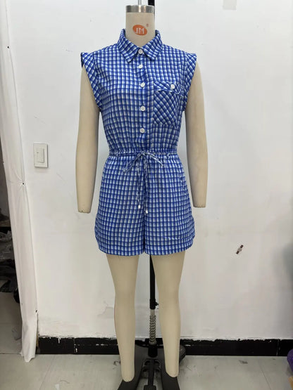 Casual Women's Jumpsuit Blue Plaid Single Breasted Sleeveless Lace-up Jumpsuit Fashion Summer Beach Holiday Jumpsuit