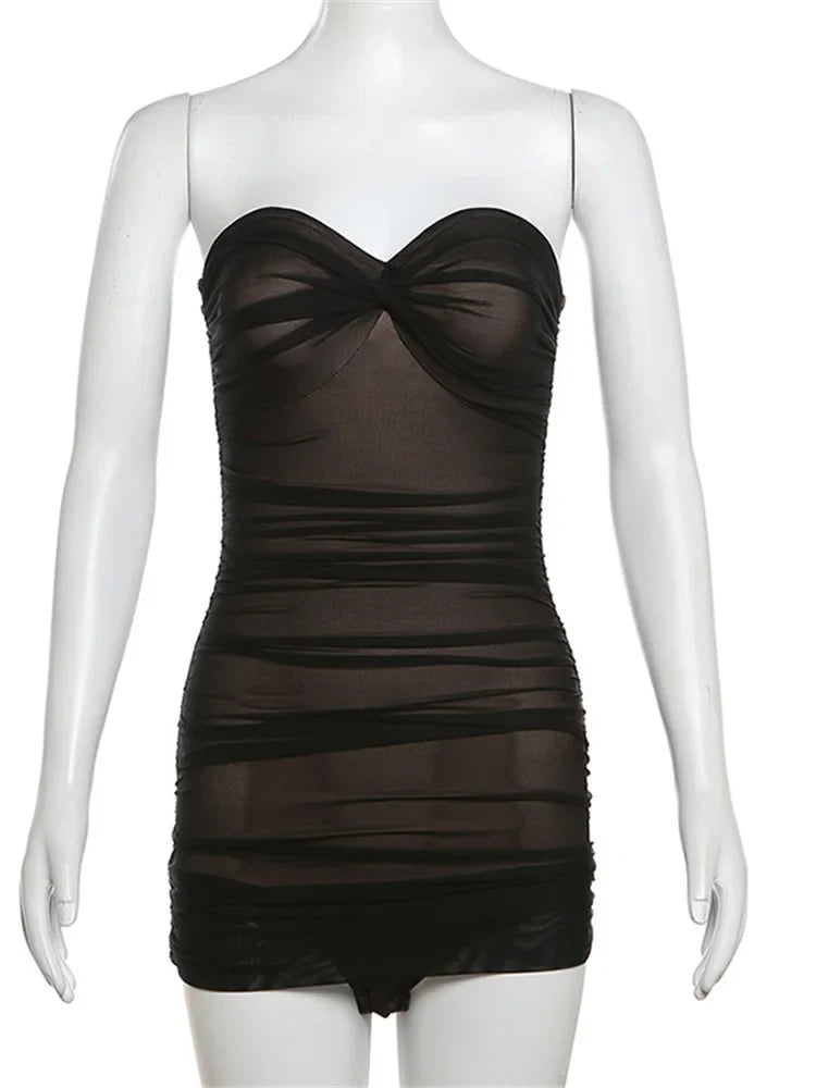 Sexy Sheer Bodysuit Women Summer Double Deck Strapless Solid Folds Skinny Beach Coquettish Fashionable Clubwear Tops
