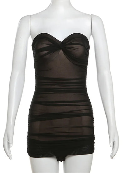 Sexy Sheer Bodysuit Women Summer Double Deck Strapless Solid Folds Skinny Beach Coquettish Fashionable Clubwear Tops