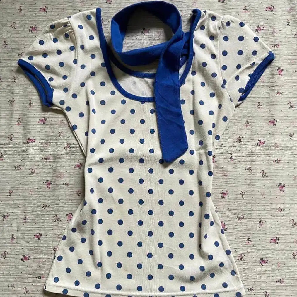 Retro Niche Polka Dot Short Sleeved Round Neck Top T-shirt Slim Spicy Girl Ins Style Y2k Tops