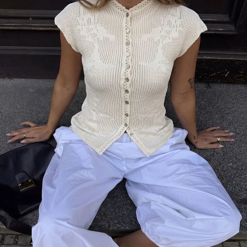 Women's Knitted T-Shirt Fashion Hollow Knitted Button Patchwork Bodycon Top New Casual Commuting Knit Women's Clothing