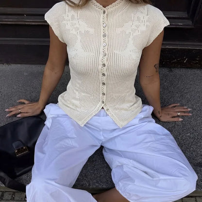 Women's Knitted T-Shirt Fashion Hollow Knitted Button Patchwork Bodycon Top New Casual Commuting Knit Women's Clothing