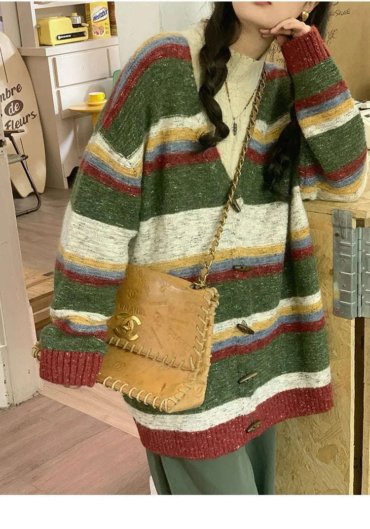 Striped Sweater Jacket Autumn New Style Loose Slimming Contrasting Long Sleeved Knitted Sweater