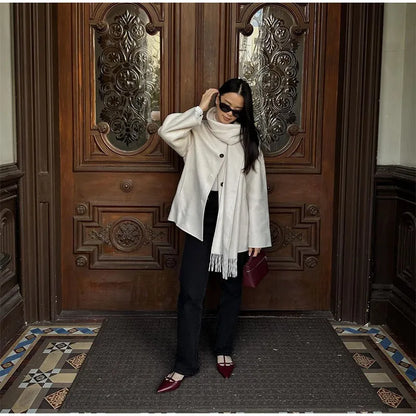 Elegant Single Breasted Towel Collar Jacket Women 2025 Fashion White Coat Loose Fit Office Lady Autumn Casual Commute Outerwear