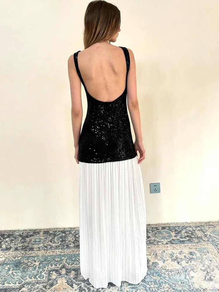 Sequin Bodice Pleated Contrast Skirt Sleeveless Maxi Dress