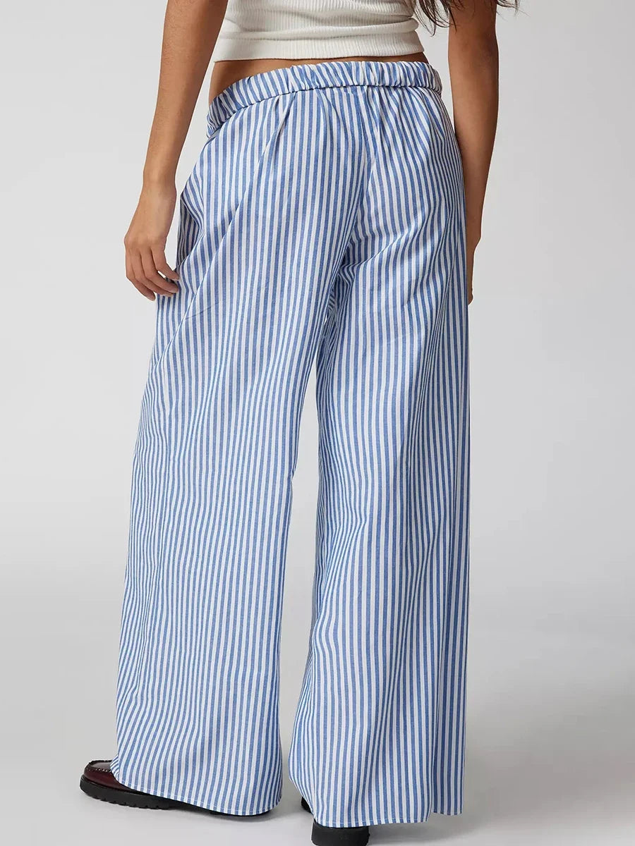 Summer Striped Casual Pants Women 2024 New Rise Low Waist Chic Drawstring Trouser Simple Fashion Wide Leg Pant Female Bottom