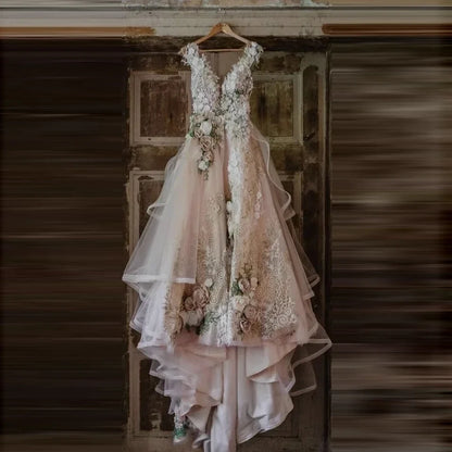 Floral Bride Gowns V Neck Dubai Lush Prom Wedding Gown Applique Mesh Long A Line Backless Tulle Party Dress for Weddings
