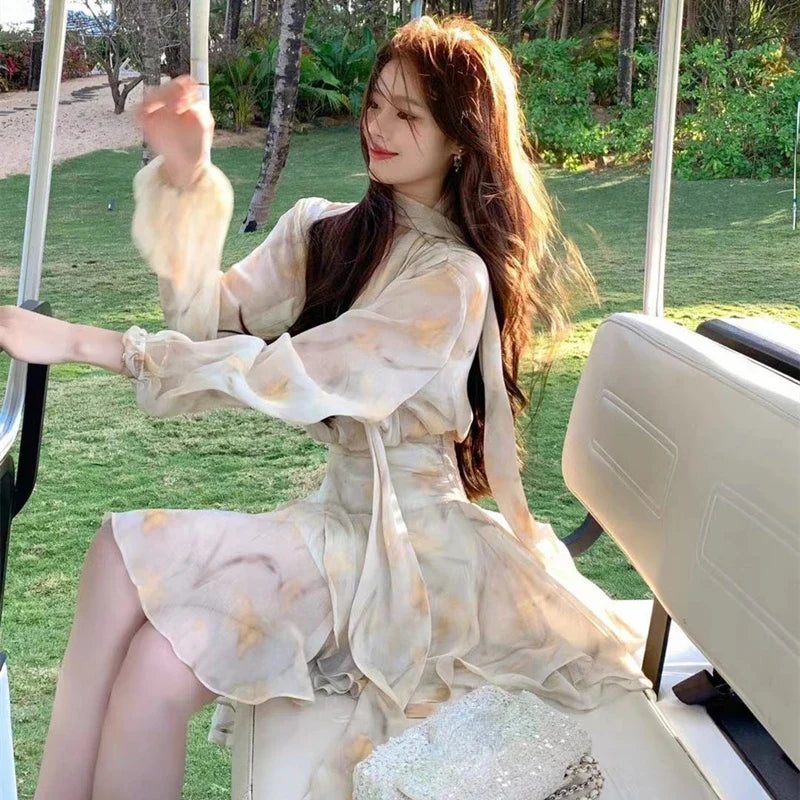 New Holiday Dress Women Summer Long Sleeve V-Neck Bubble Sleeve Chiffon Beach Printed Dress Irregular Fairy Dress Boho