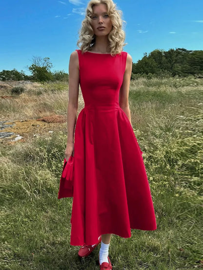 Straight Neck Sleeveless Flare Midi Dress