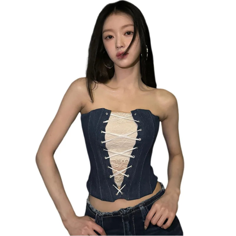 Autumn new women's fashion lace sexy fashion cross strap design Slim denim small vest