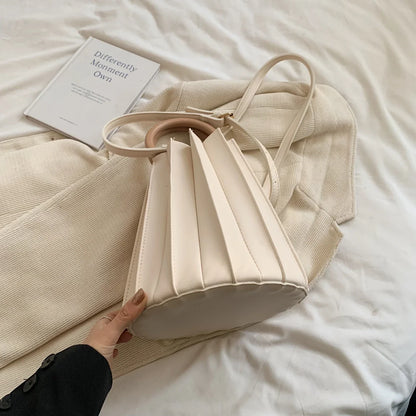 Retro Round Wood Handle Tote Clutch Bag For Women Designer Pleated Striped Bucket Handbag Pu Leather Shoulder Crossbody Bags