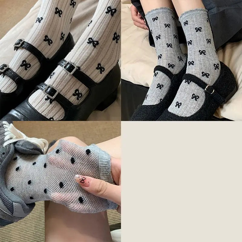 Summer Thin Bow Dot Lace Mid Tube Socks Versatile Mesh Hollow College Style Sweet Stacked Socks Japanese JK Calf Socks for Women