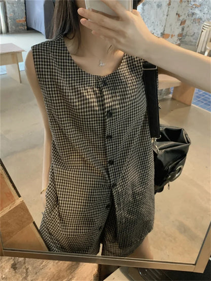 Minimalist Women Two Pieces Suits Chic Office Lady Vest Coats Plaid Wide Leg Shorts Loose Work Wear Elegant Set