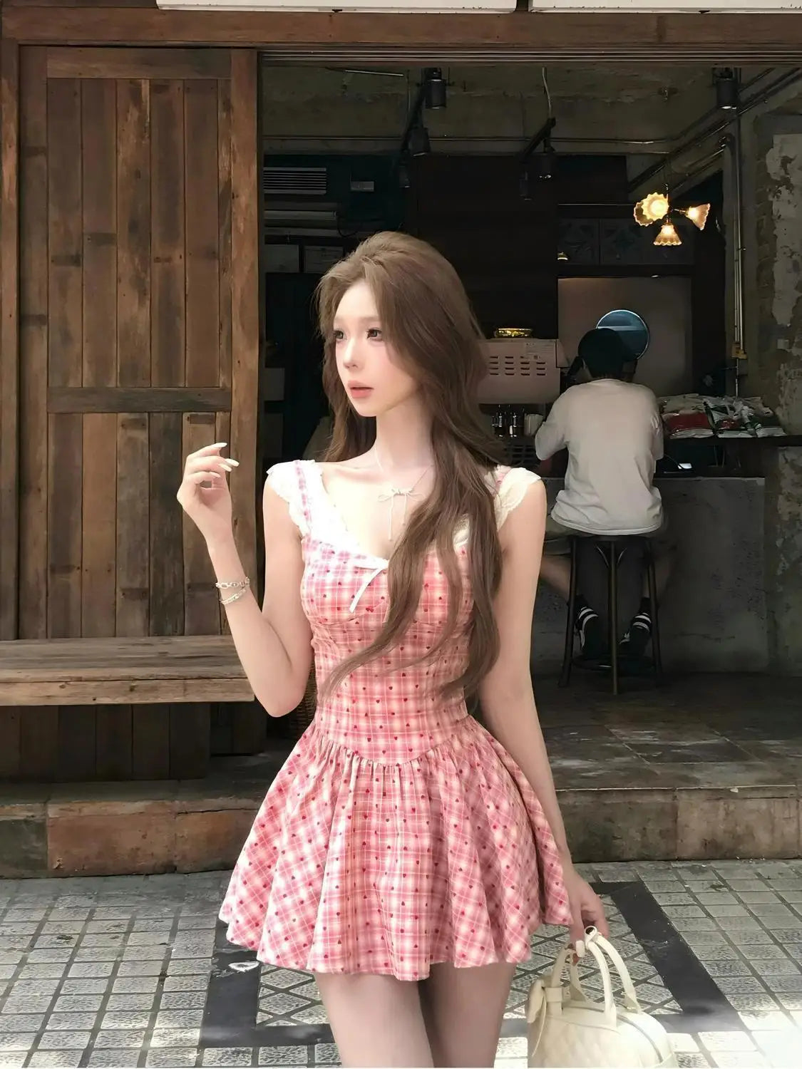 WomenS Pink Plaid Lace Trim Slip Dress Spaghetti Strap Bow Detail Flared Mini Dress Sweet Casual Sundress