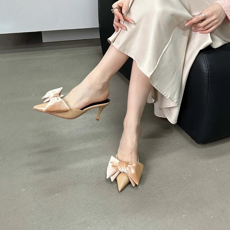 Sexy Bowknot Women Slippers Pointed Toe Stiletto Low Heels Mules Slides Party Dress Summer Shoes
