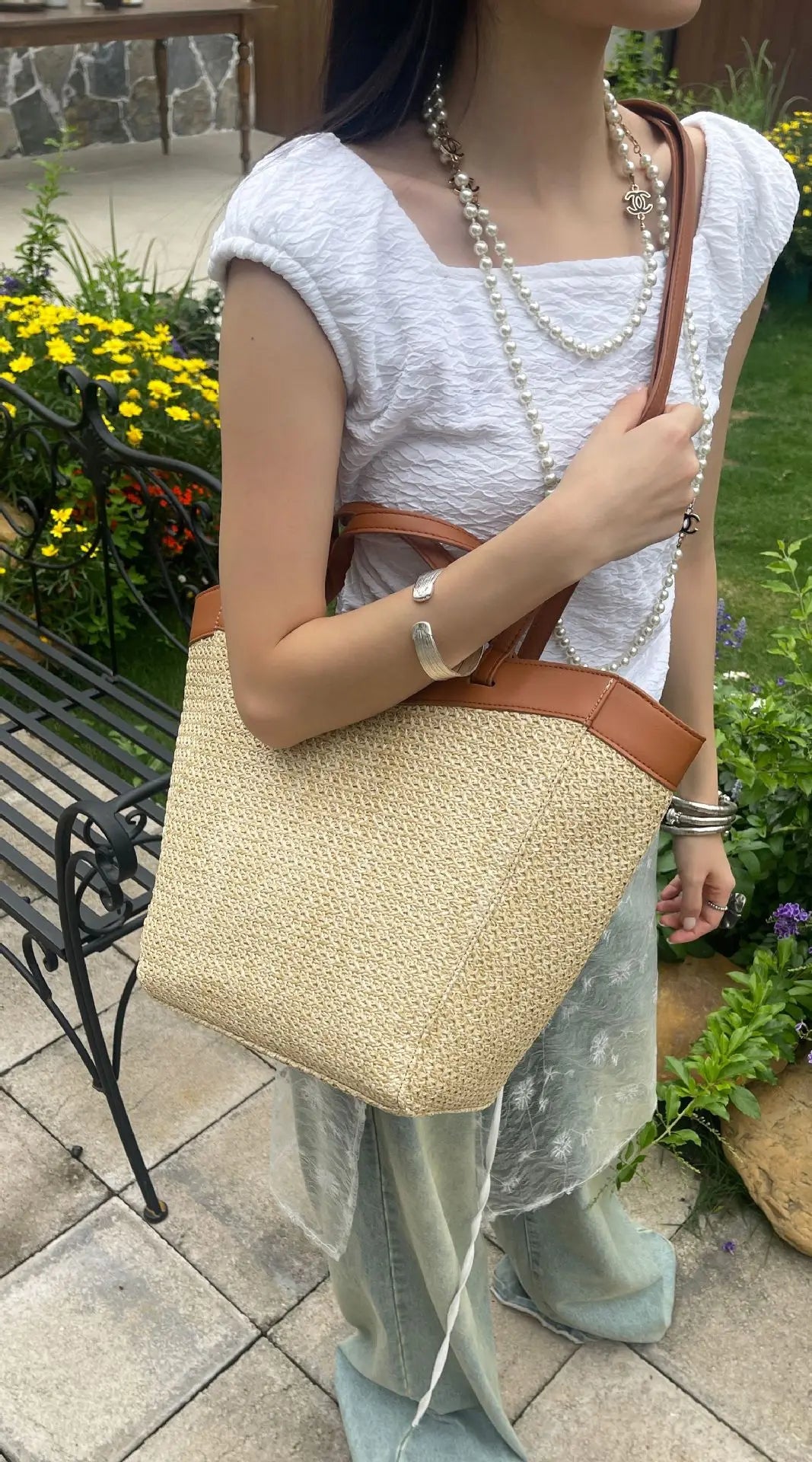Summer Large Capacity Tote Bag Women Shoulder Bag Handmade Woven Bag Fresh Rural Handheld Grass Woven Women Bag