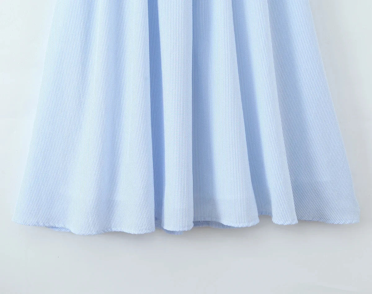 Rural Style Striped Dress New 2026 Women Pink Blue Puff Sleeve Casual Elegant Vacation Summer Dresses Midi Robe