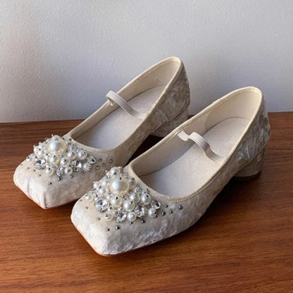 String Bead Chunky Heel Mary Jane Shoes Women Square Toe Elasticized Design Ballet Shoes Elegant Wedding Bridal Designer Pumps