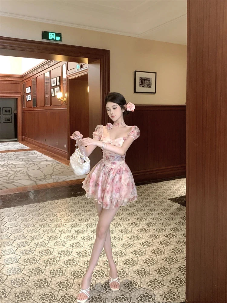 Elegant Princess Floral Short Dresses for Women Y2K Puff Sleeve Backless Printed Ruffles A-line Korean Fashion One Piece Vestido