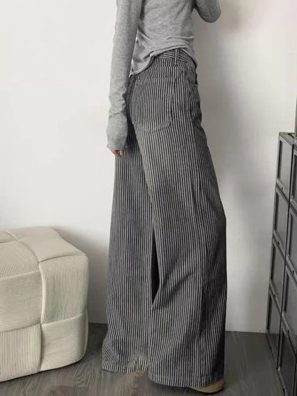 Y2k Vintage Striped Jeans Women Punk Hip Hop Grunge Baggy Denim Trousers High Waist Streetwear Straight Wide Leg Jeans