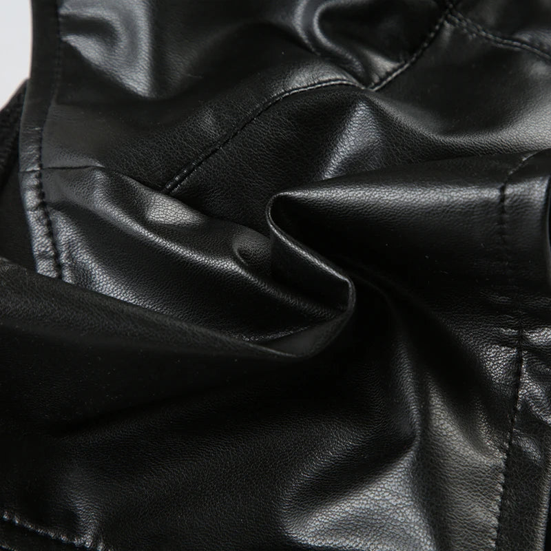 Gothic Halter V-neck Faux Leather Vest Y2K Backless Zipper Black Slim Crop Top Punk Style Women Sexy Tank Camis 90s
