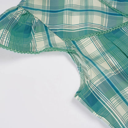 Green Plaid Print Blouse Vintage Turn-down Collar Single-breasted Top French Style Slim-fit Shirts Chic Fashion Clothes