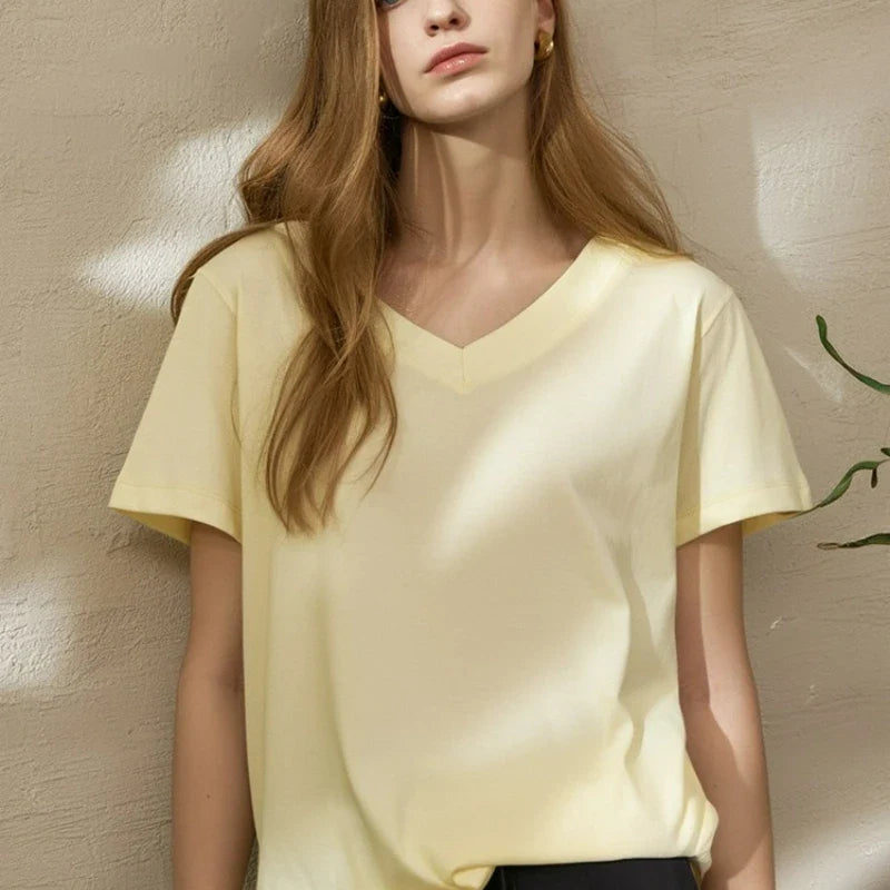 New Fashion Knitted Linen Texture Bamboo Joint Cotton Short-sleeved Loose for Women Deep V-neck Design T-shirt Top 2026 Summer