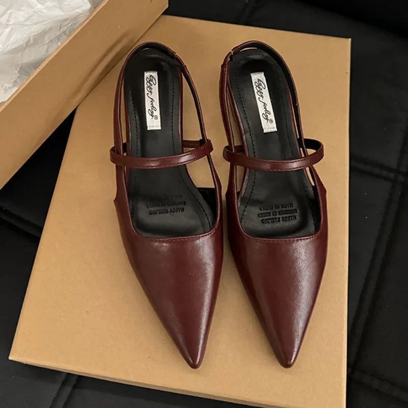 Red Street Style Sexy Pointed Toe Sandals Metal Buckle Strap Women Pumps Stripper Sandals Slingback Heels Ballet Flats Muj