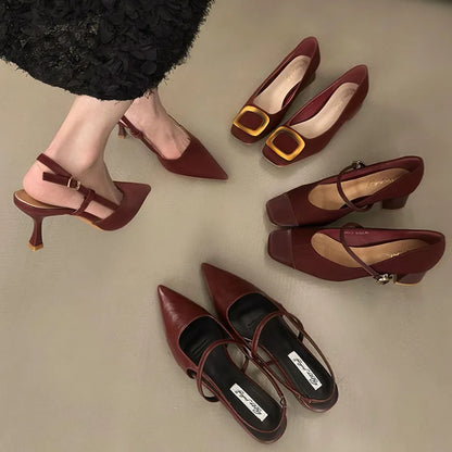Red Street Style Sexy Pointed Toe Sandals Metal Buckle Strap Women Pumps Stripper Sandals Slingback Heels Ballet Flats Muj