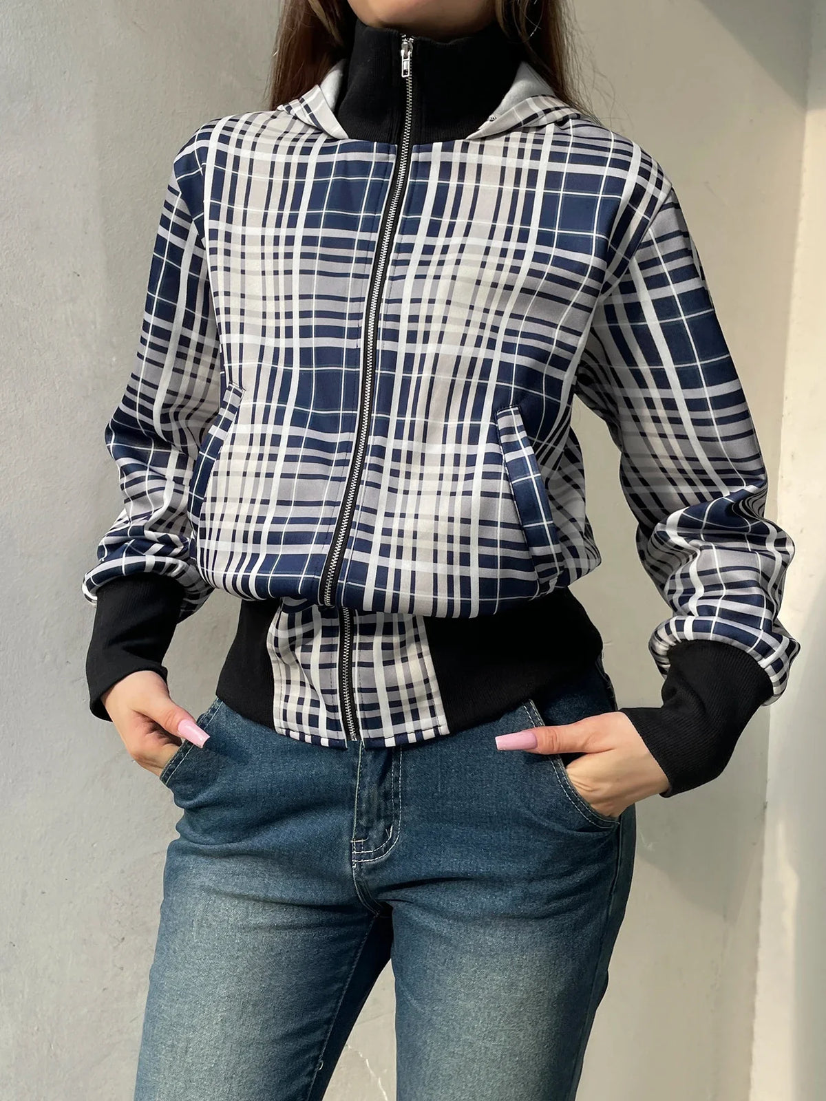 Casual Plaid Hooded Jackets Basic Turtleneck Zipper Long Sleeve Coats Women Autumn Spring Fashion Streetwear Ladies