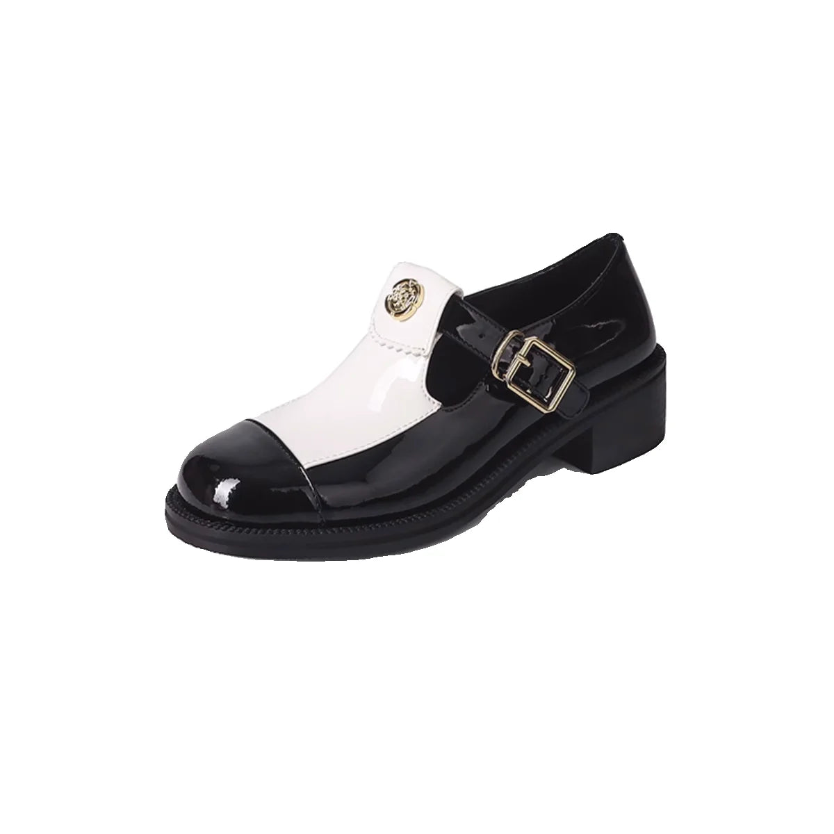 Metal Flower Heeled Sandals Round Toe Shoes For Woman Patent Leather Zapatos De Tacón Mujer Elegantes Belt Buckle صنادل بكعب2024