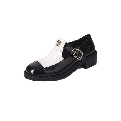 Metal Flower Heeled Sandals Round Toe Shoes For Woman Patent Leather Zapatos De Tacón Mujer Elegantes Belt Buckle صنادل بكعب2024