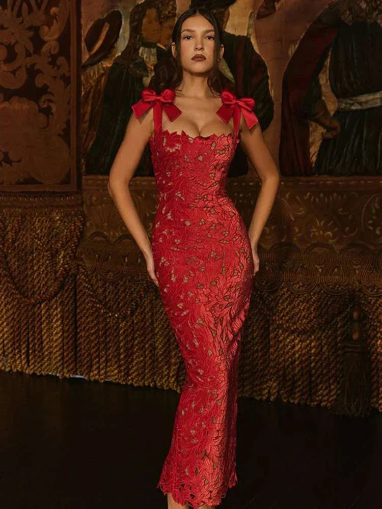 Square Neck Large Bow Shoulder Floral Lace Column Maxi Gown