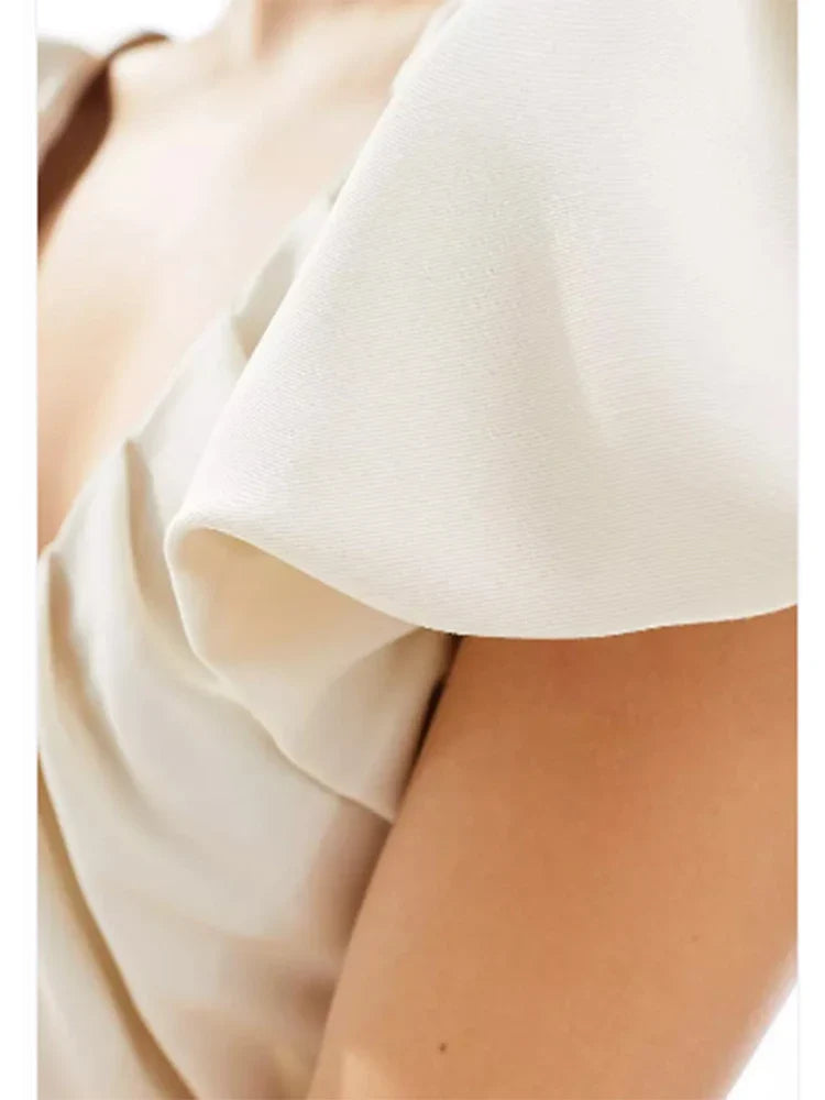 Sweet Solid Puff Short Sleeve Women Mini Dress Elegant V-neck Backless Pleated A-line Dresses 2024 Summer Lady Party Club Robes