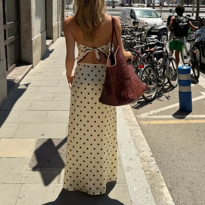 Women Satin 2Piece Skirt Sets Summer Trendy Polka Dot Outfit Y2k Strapless Tube Top + Maxi Skirt Silky Going Out Set