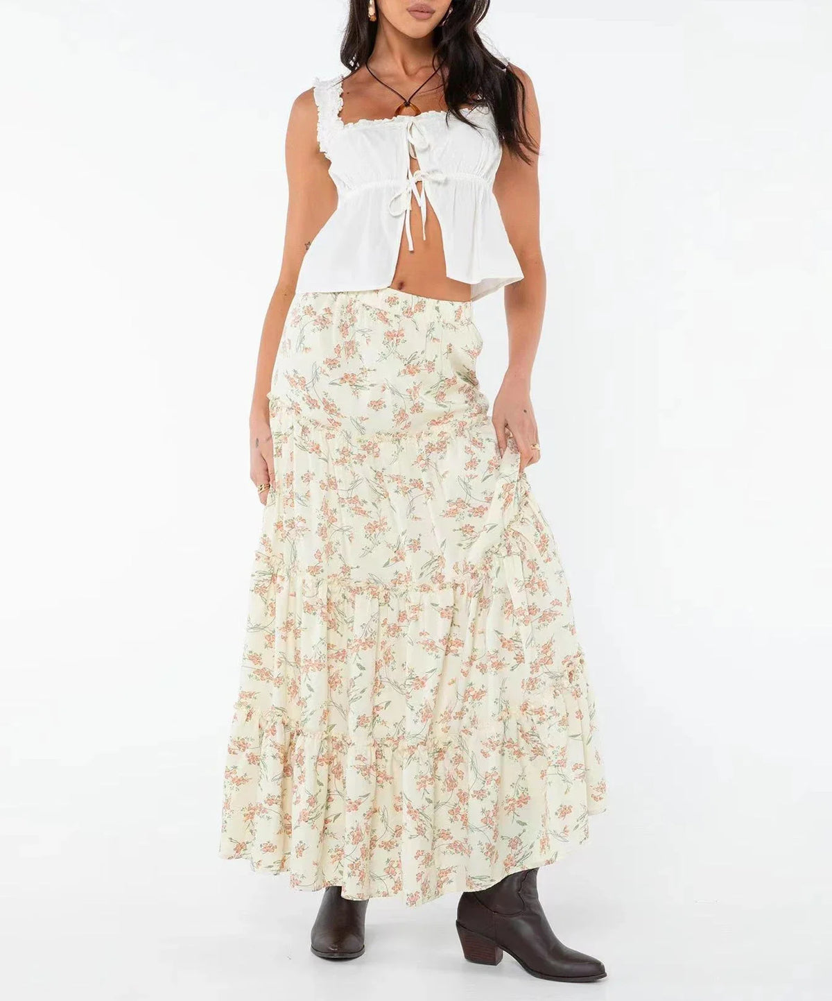 Casual Skirts Women Fashion Vintage Streetwear Skirts Solid Loose Floral Folds Elastic Waist Midi 2024 New Spring Summer Skirts